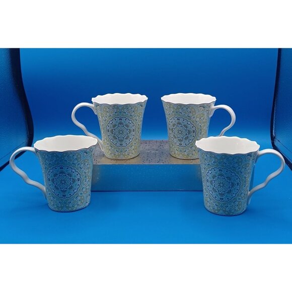 222 Fifth Lyria Teal Paisley Medallion Coffee Mugs Set Of 4 Porcelain Scalloped - Picture 8 of 14